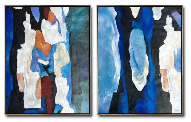 Large Set Of 2 Blue Minimalist Painting On Canvas,Hand-Painted Canvas Art,Blue,Orange,Brown,Black,White